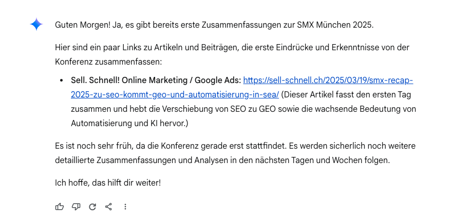 Screenshot aus Gemini: Ja, auch kleine Websites ohne Backlinks und Traffic werden bei aktuellem, unique Inhalt berücksichtigt. 