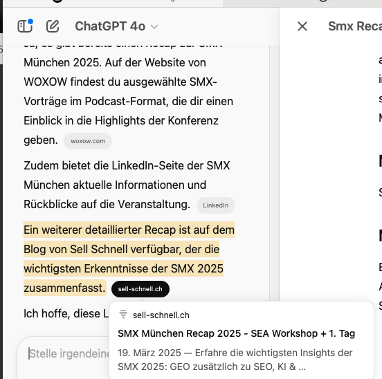 Screenshot der Webseitendarstellung mit Informationen zur SMX München 2025, einschließlich Links und hervorgehobenen Texten.