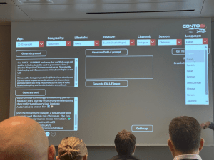 Präsentationstafel mit Informationen zur Generierung von DALL-E Bildern für ein Marketing-Tool, einschließlich der Eingabefelder für Altersgruppe, Geografie, Lebensstil, Produkt, Kanal, Sprache und Optionen zur Generierung von Bildern.