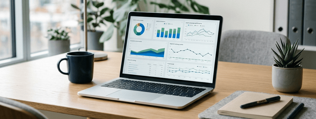 Laptop displaying analytics dashboards on a wooden desk beside coffee and notebook